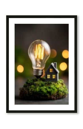 Glowing bulb and tiny house on moss