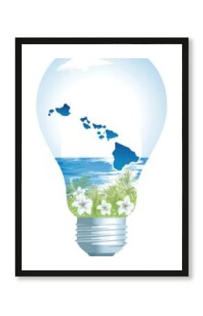 A light bulb with the Hawaiian coast inside, featuring lush greenery and blue waters