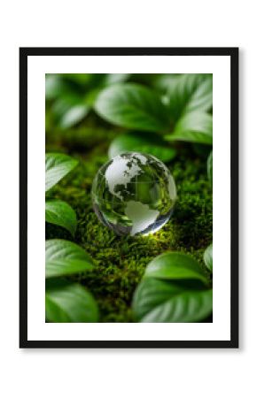 Glass globe depicting Earth rests on green moss, surrounded by lush foliage, symbolizing environmental conservation and sustainability