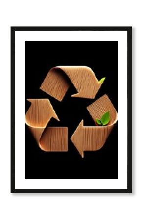 Wooden Recycle Symbol with Green Leaves representing Sustainability and Environmental Consciousness isolated against Black Backdrop