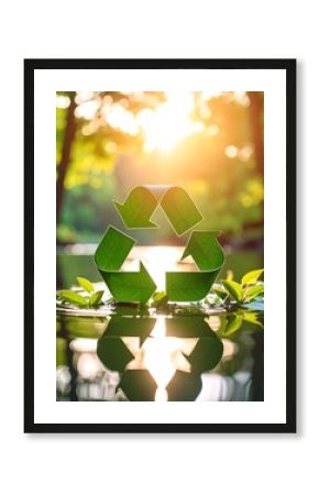 Recycling symbol made of leaves floats on calm water, reflecting the sunset