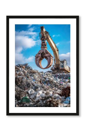 Scrap metal recycling in action with crane lifting metal materials at a landfill under a bright blue sky