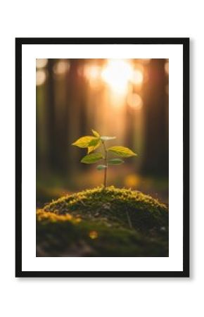 Young plant sprout growing on mossy ground in forest sunlight
