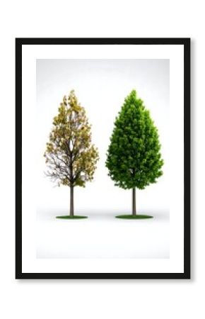 Two stylized trees, one with autumnal leaves, the other lush and green, stand side by side against a neutral background