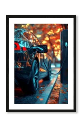 Electric car on charge in the evening light, useful in articles about modern technology and ecology.