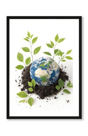 Invest in our planet. Earth Day ecology concept with globe and green leaves on white background.