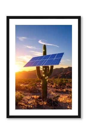 Sunset over desert landscape, solar panel mounted on saguaro cactus