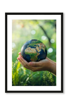 Hands cradle planet Earth globe in lush green nature background holding