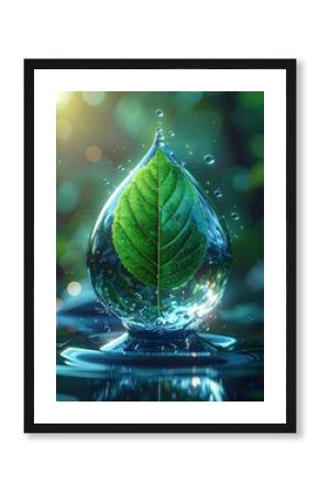 A green leaf suspended within a teardrop of water, resting on a calm water surface