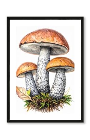 Watercolor Illustration of Three Orange Cap Mushrooms with Moss and Leaf on White Background