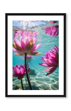 Aquatic pink water lilies submerged in clear vibrant blue freshwater