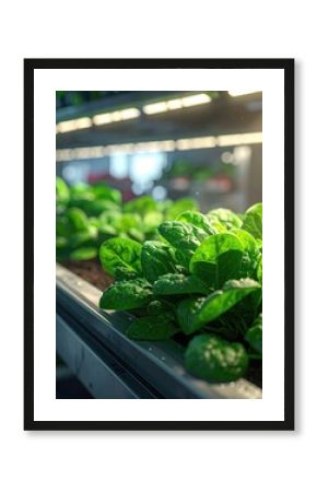 Close Up View of Vibrant Green Leafy Vegetables in a Controlled Growing Environment with Bright Lighting