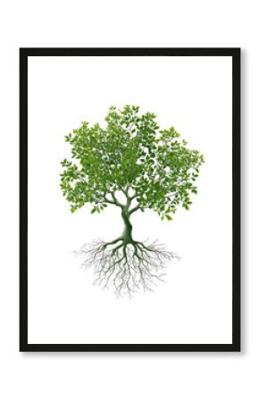 A vibrant, stylized tree with extensive roots