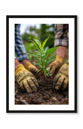 Two men planting a small tree together in a green forest. World Environment Day concept. Teamwork in reforestation. Sustainable ecology. Natural light.
