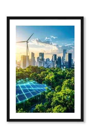 Solar panels, wind turbines, and city skyline in eco-friendly development