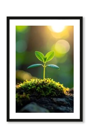 A tiny, vibrant sprout with two green leaves emerges from lush moss. The warm sunlight bathes the scene in a soft, golden glow