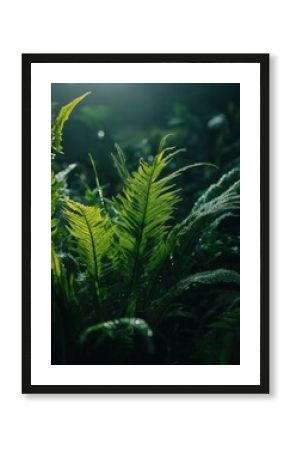 Lush green ferns glistens with morning dew in a serene, quiet forest.