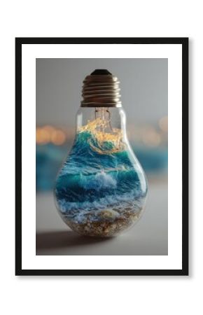 High quality photo of a light bulb filled with ocean waves and sand, symbolizing nature and energy