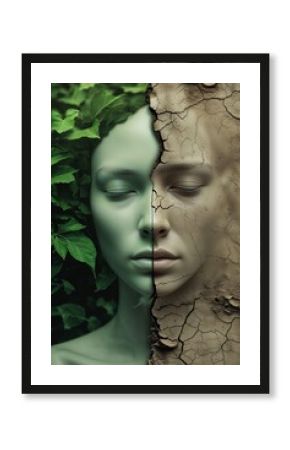 Conceptual portrait representing the struggle between nature's resilience and environmental decay.