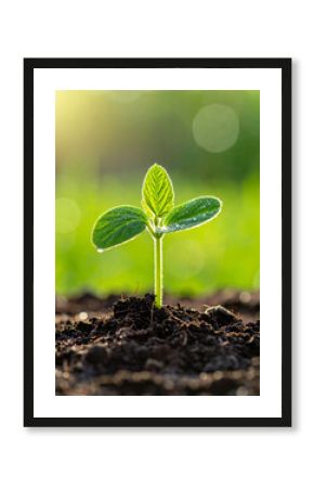 Broto verde nascendo no solo com gotas de orvalho