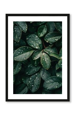 Raindrops glistening on lush green leaves after a fresh shower. Nature-themed decor or environmental awareness posters.