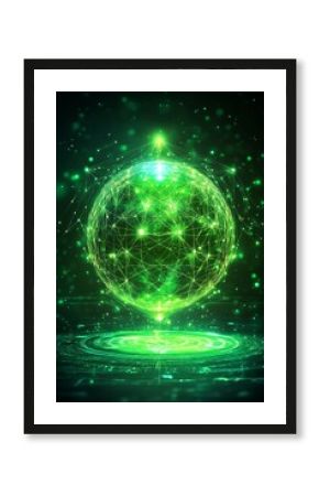 Digital globe on a glowing green tech background with connecting lines, abstract technology concept.