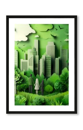 The concept of a green city and environment with a family. paper art and digital craft style.