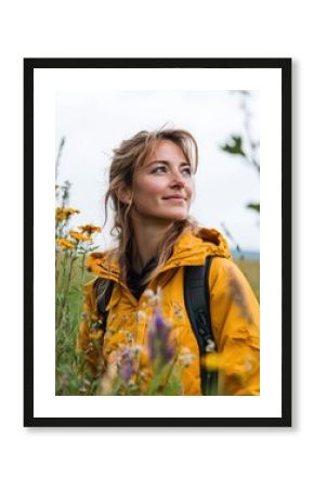 A portrait of a woman environmental scientist in the field, collecting samples or observing wildlife, with natural landscapes around her, showcasing her dedication to sustainability.