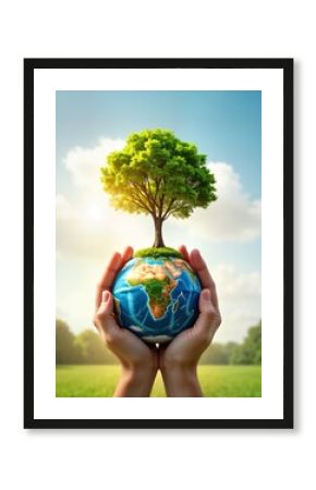 Two hands hold a globe with a small tree growing on top. The earth globe is in focus with green grass and blue sky background blurred. The photo symbolizes taking care of the earth and nature.