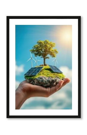 Sustainable energy concept with solar panels and wind turbines