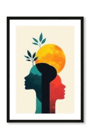 A stylized depiction of two profiles with a sun above, symbolizing growth, nature, and duality through vibrant colors and natural elements.