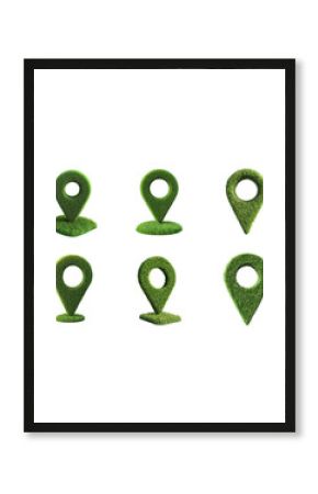 3D illustration of a green location marker made from grass. on a white background