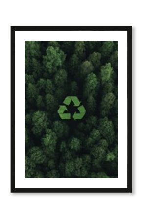 A dense forest canopy with a green recycle symbol on a white background, emphasizing environmental conservation and sustainability.