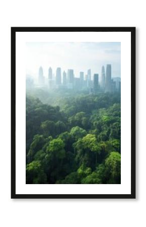 Lush green forest below hazy cityscape.