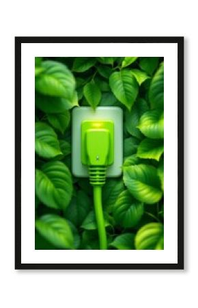 Green Energy Concept, Power Plug Surrounded by Lush Green Leaves for a Sustainable Future