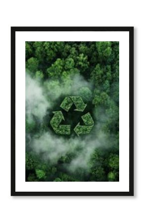 Aerial view capturing a vibrant green forest partially shrouded in mist, featuring a prominent recycling symbol crafted from lush vegetation, emphasizing environmental sustainability