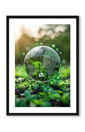 Crystal globe with sustainable development and ESG icons
