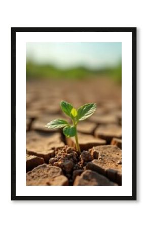 Tiny plant sprout grows from cracked earth during drought. Life finds way in harsh conditions. Hopeful image of resilience against climate change. Eco friendly nature photo. Plant grows in cracked