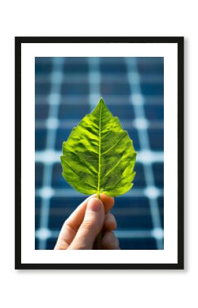 Hand Holding a Vibrant Green Leaf Against a Background of Solar Panels : Generative AI
