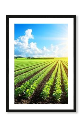 Rows of green plants on a sunny day in a field