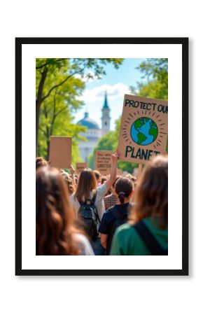 A peaceful Earth Day protest, where people of all ages hold signs with messages like "Protect Our Planet" and "Go Green"