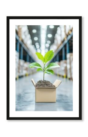 Young plant in a cardboard box on a warehouse floor, growth concept