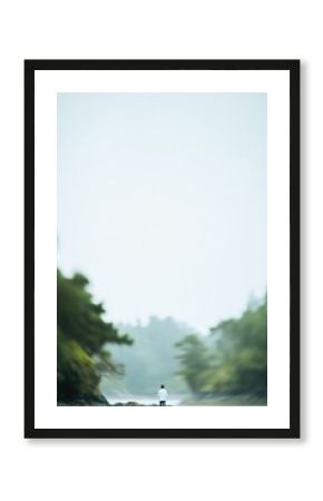 minimalist depiction of environmental scientist immersed in nature with blurred figures in background creating serene