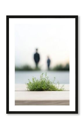 minimalist depiction of environmental scientist immersed in nature with blurred figures in background creating serene