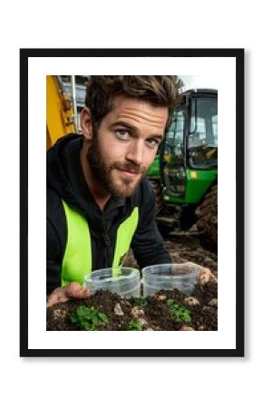 Young man holding soil samples.