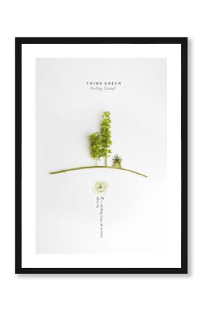 Environmentally friendly planet.Symbolic trees and a mill, made of green on bright background. Minimal nature concept.Think Green.Ecology Concept.Flat lay.Top view.
