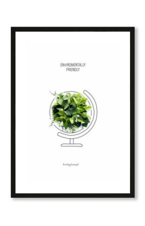 Environmentally friendly planet Concept. Earth day. Planet earth, made from green leaves and grass with sketch of globe. Earth day. Save the planet.Think Green. 