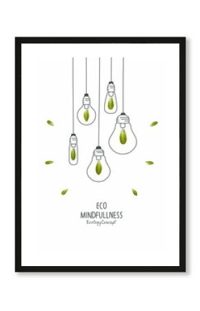 Energy saving eco lamps, made with green leaves with sketches. LED lamp with green leaf. Minimal nature concept. Think Green.Ecology Concept. Environmentally friendly planet.  