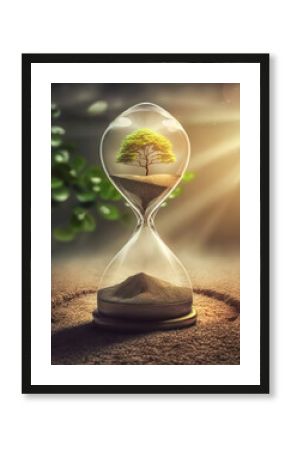 hourglass with tree in top part and sand on the bottom - depicting climate change and global warming, declining natural resources