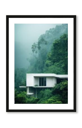 Exterior perspective of a concrete minimalistic modern building low one story house situated in the jungle, AI generated